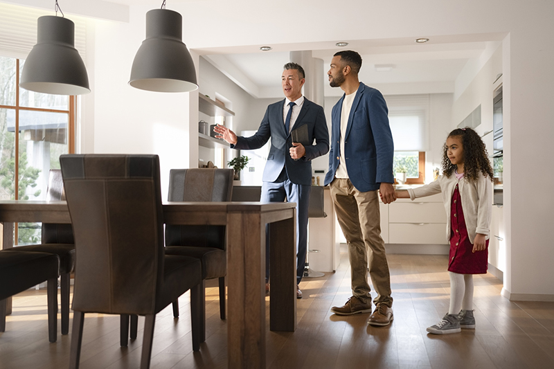 Real estate agent showing house to family